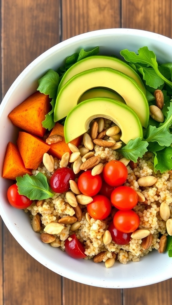 A colorful sweet potato quinoa bowl with roasted sweet potatoes, quinoa, cherry tomatoes, and greens, topped with avocado and nuts.